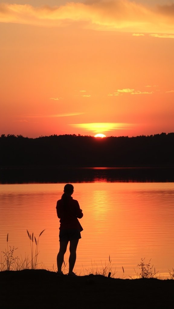Silhouette of a person standing by a lake during sunset.