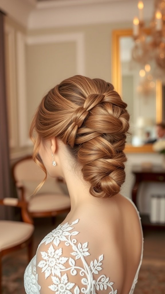 A close-up of a bride's intricate knotted ponytail hairstyle, showcasing elegant braids and a sophisticated look.