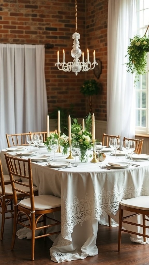 A beautifully set table with lace and linen tablecloths, featuring candles and floral arrangements.