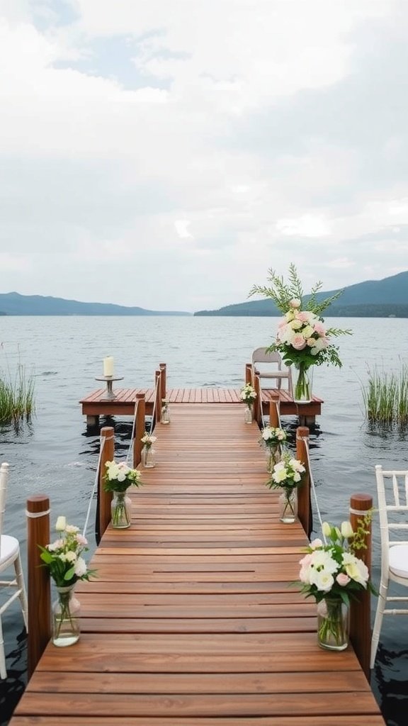 A wooden dock leading to a lake, decorated with flowers for a wedding ceremony.