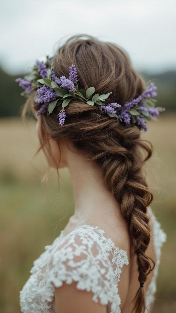A bride with a lavender and sage hair garland in her braided hair.