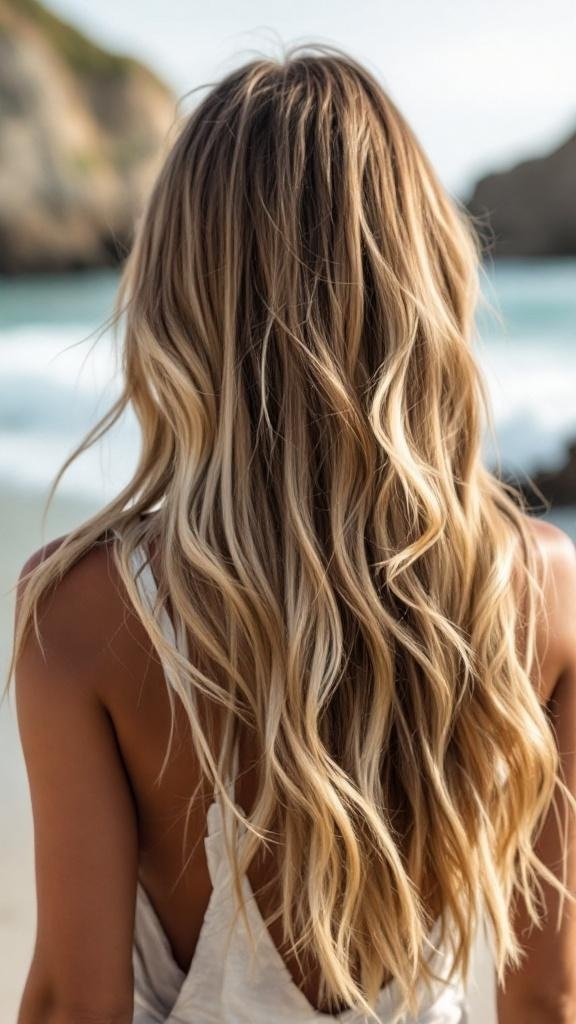 A woman with long straight hair styled in natural waves, standing by the beach.