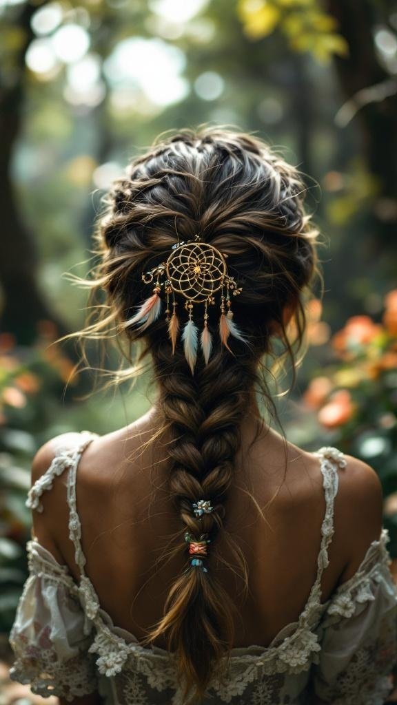 A woman with a loose braid adorned with a dreamcatcher clip, set against a natural background.