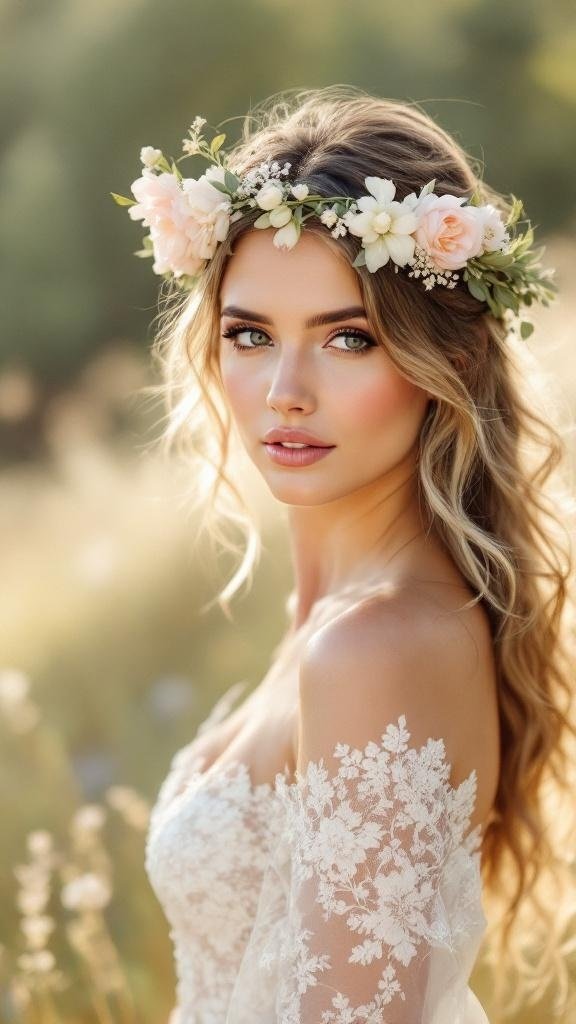 A bride with loose waves and a floral crown, showcasing a bohemian wedding hairstyle.