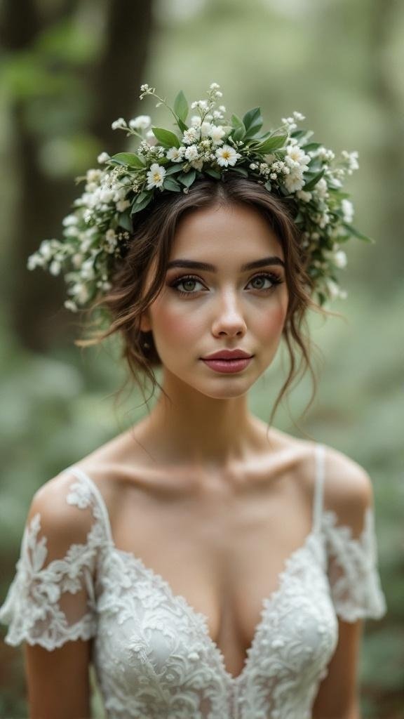 A bride wearing a lush greenery hair wreath with delicate flowers.