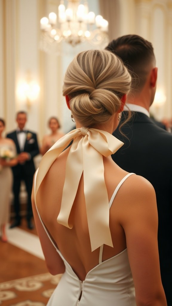 A bride with a luxe ponytail adorned with a silk ribbon, showcasing elegance and style.