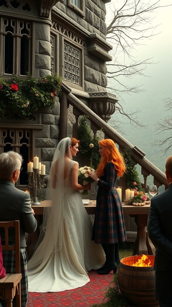 A wedding scene inspired by Merida from Disney, featuring Scottish decor with wooden elements, greenery, and candlelight.