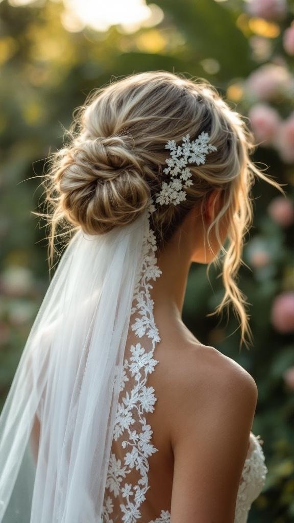 A bride with a messy bun hairstyle adorned with a lace veil.