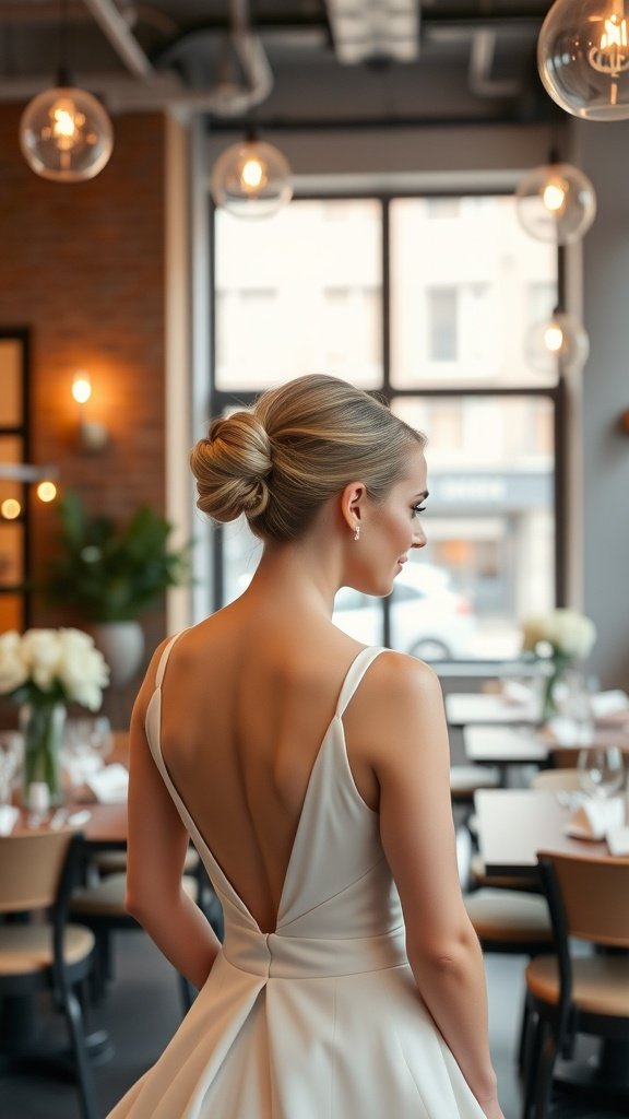 A bride with a minimalist sleek ponytail, wearing a simple elegant dress.