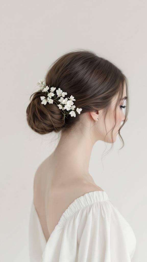 A bride with a minimalist white floral hairpiece in a bun hairstyle.