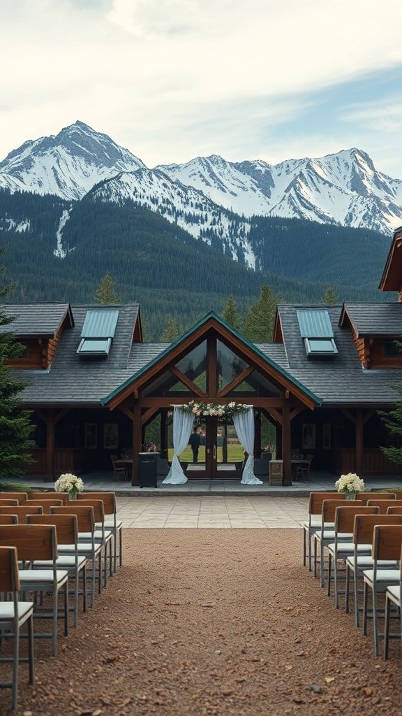 A mountain lodge wedding venue with chairs set up for a ceremony, surrounded by mountains.