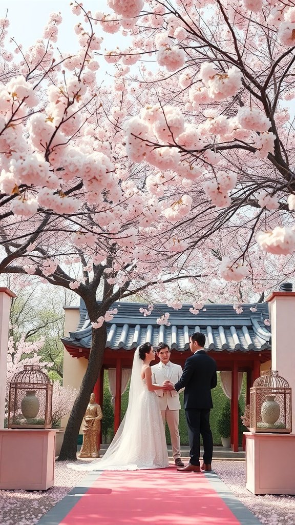 A wedding ceremony under cherry blossom trees with a couple exchanging vows.