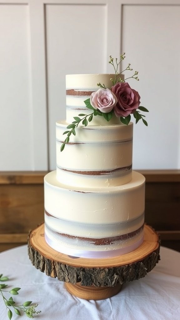 Naked vanilla bean cake decorated with fresh flowers on a wooden stand.