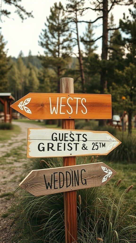 A wooden signpost with directional arrows for a wedding, guests, and other locations.