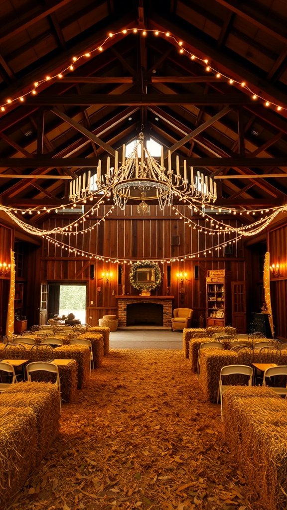 Interior of a rustic barn decorated for a wedding with hay bales and string lights.