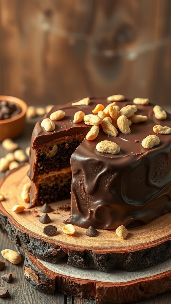 A delicious peanut butter chocolate cake topped with peanuts on a wooden platter.