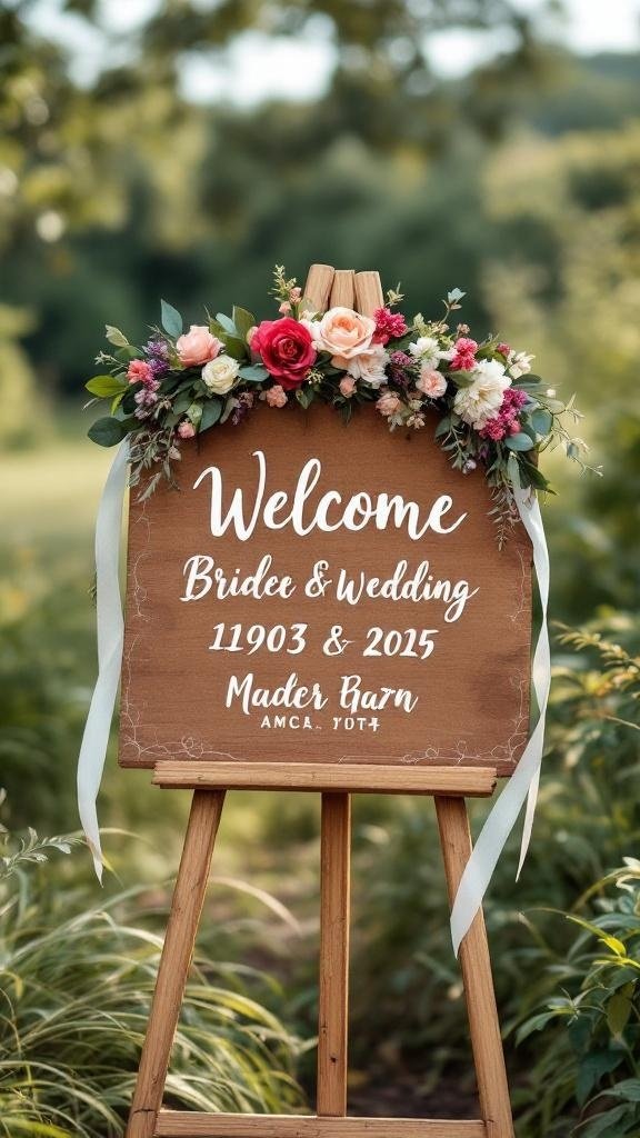 A wooden welcome sign adorned with flowers, displaying the names and wedding date.