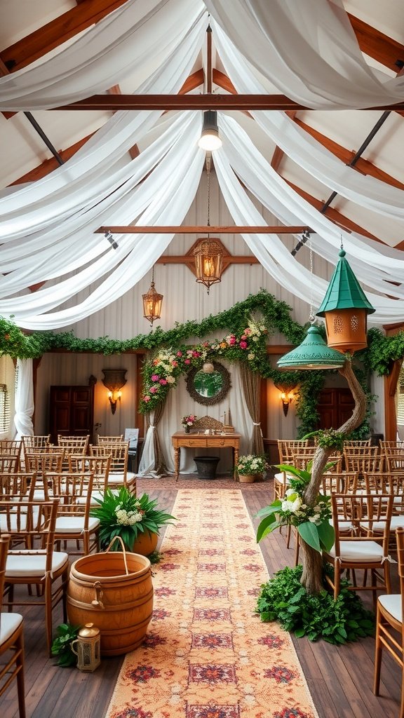 A beautifully decorated wedding venue inspired by Peter Pan's Neverland, featuring greenery, flowers, and whimsical elements.