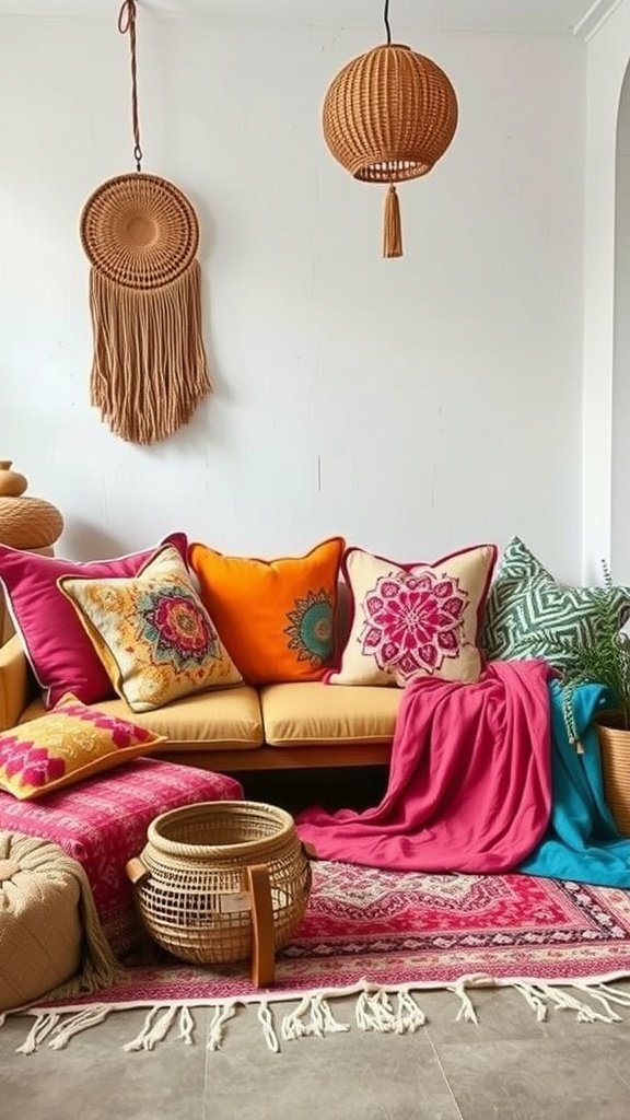Colorful pillows and throws arranged on a couch with a boho style decor.