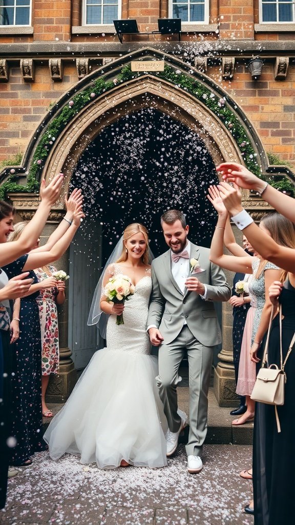 A couple exits a venue surrounded by guests throwing confetti.