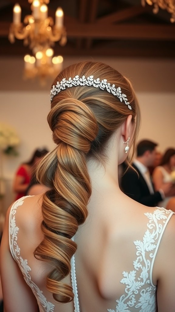 A bride with a chic ponytail adorned with a decorative hairband, showcasing soft waves and a beautiful back view.