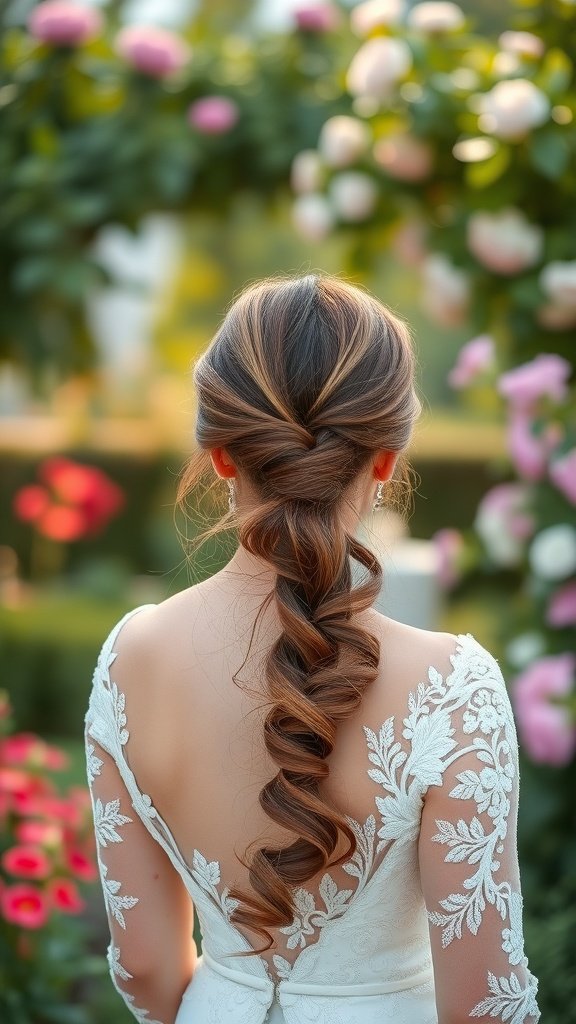 Bride with a chic ponytail and side-swept bangs in a garden setting.