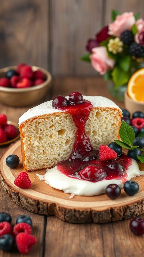 A slice of pound cake with berry compote and fresh berries on a wooden plate.
