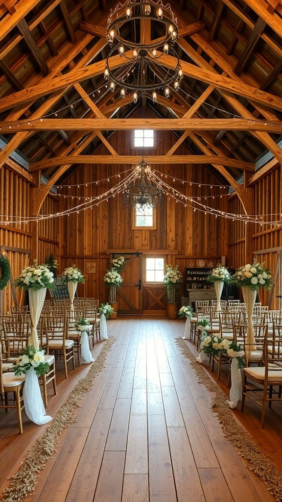 Interior of a rustic barn decorated for a wedding with wooden beams, chairs, and floral arrangements.