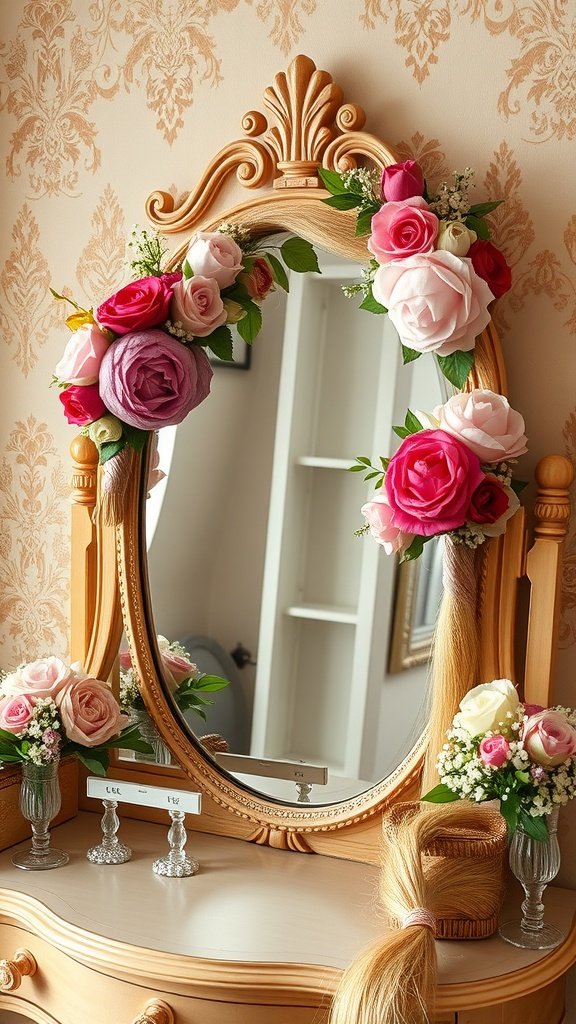 A mirror adorned with colorful floral hairpieces and roses, reflecting a romantic wedding theme.