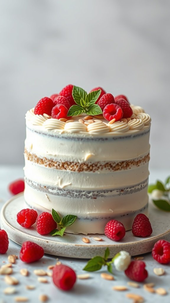 A rustic raspberry almond cake decorated with fresh raspberries and almonds on a plate.