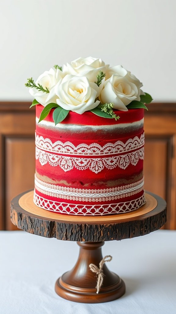 Red velvet wedding cake with lace and white roses on a wooden stand