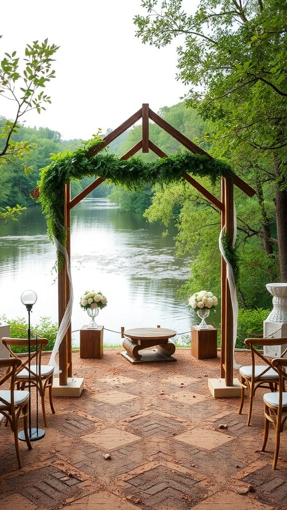 A rustic wedding setup by a river with floral arrangements and a wooden arch.