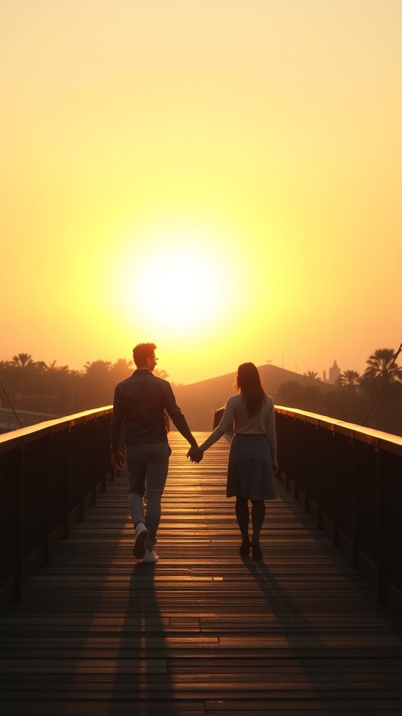 Couple holding hands while crossing a bridge at sunset