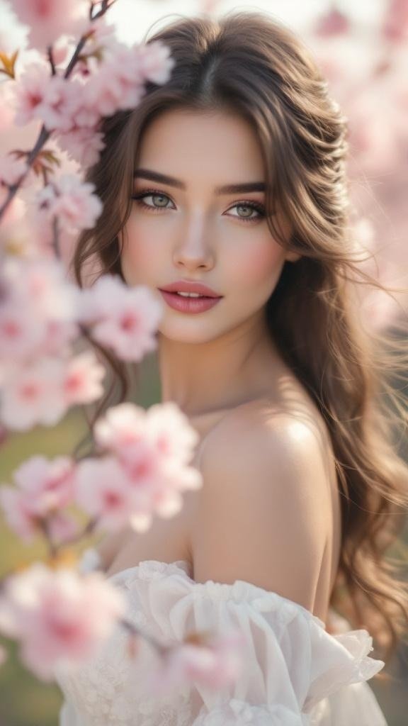 A close-up of a woman with long hair, adorned with cherry blossom flowers, set against a soft background of cherry blossoms.