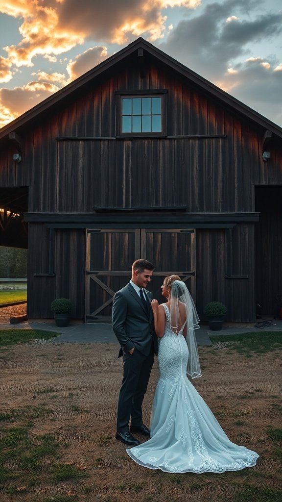 Couple standing in front of a rustic barn during sunset.