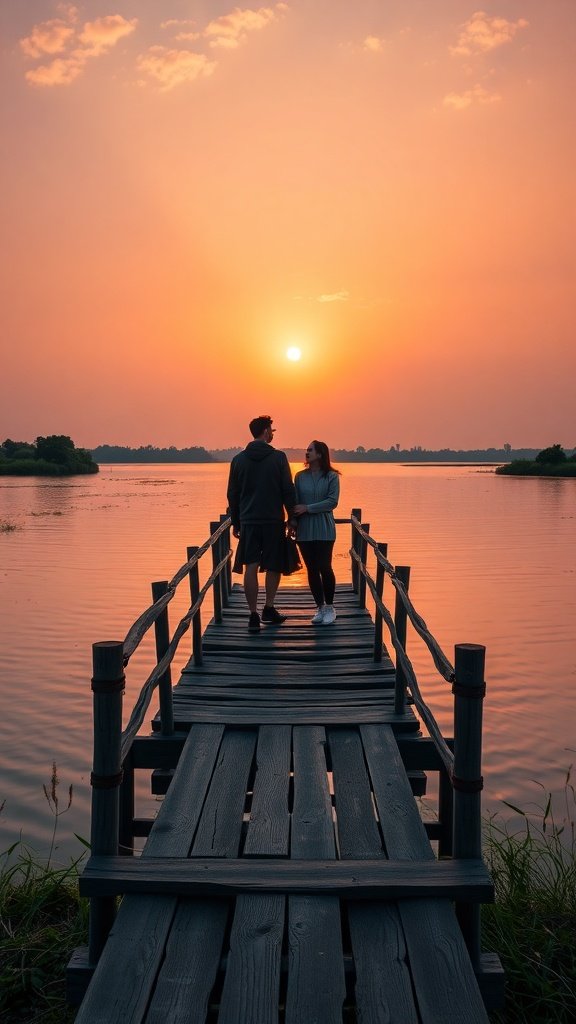 Couple standing on a rustic bridge over water during sunset.