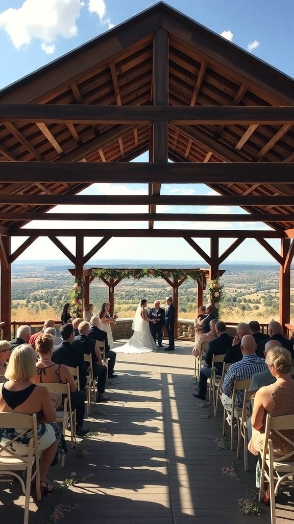 A rustic pavilion wedding ceremony with guests seated and a scenic view in the background.