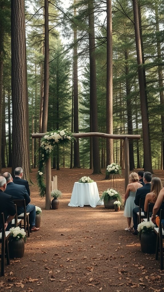 A rustic wedding setup in the woods with guests seated and a floral arch.