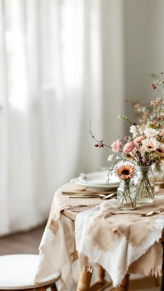 A rustic table setting with flowers in jars and a burlap table runner.