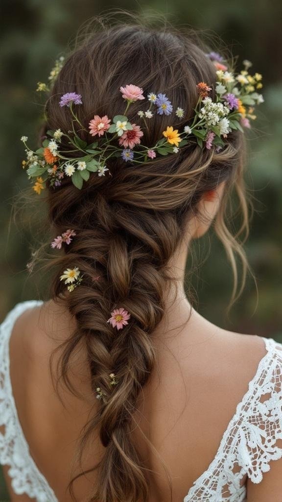 A bride's hair styled in a braid adorned with colorful wildflowers, showcasing a rustic hair vine.