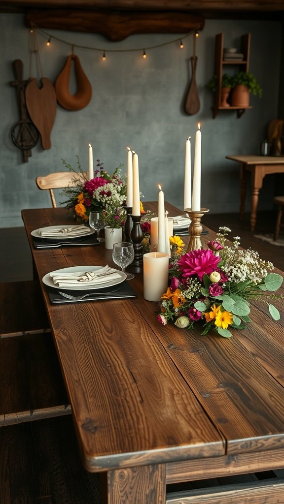A rustic wooden table setting with candles and colorful flowers.