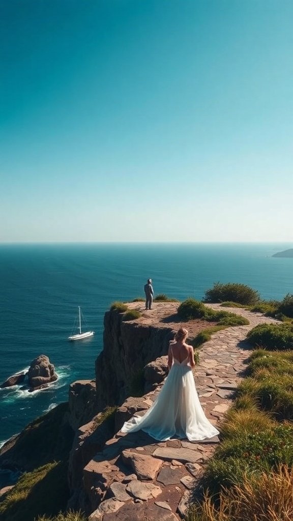 A bride and groom on a clifftop with ocean views.