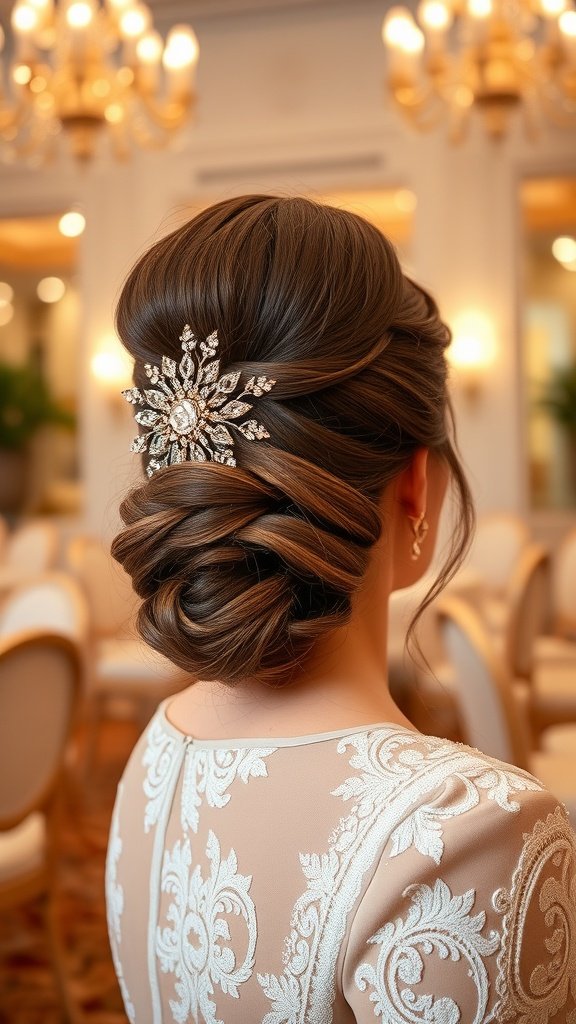 A bride with a sculpted ponytail adorned with elegant hair jewelry, showcasing a sophisticated hairstyle.