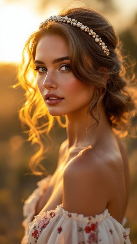 A woman with side-swept curls wearing a beaded headband, showcasing a bohemian wedding hairstyle.