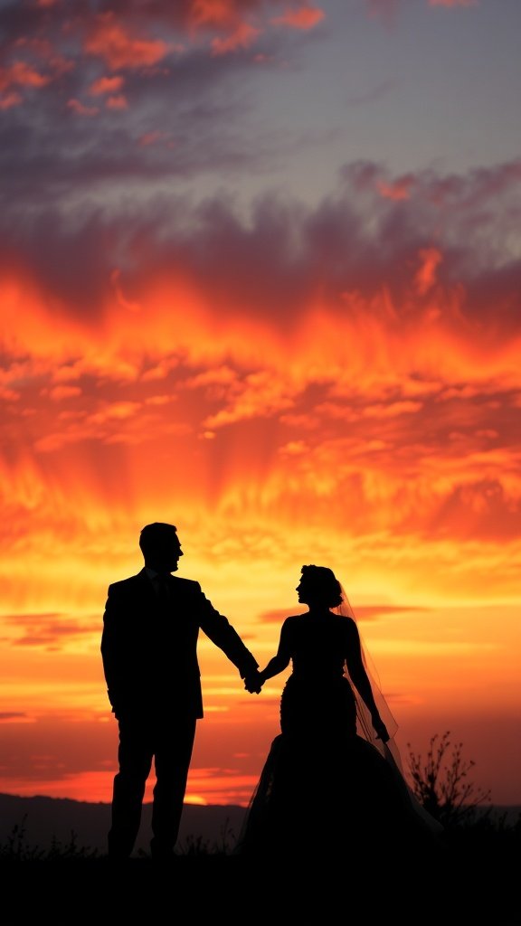 Silhouette of a couple holding hands against a colorful sunset sky