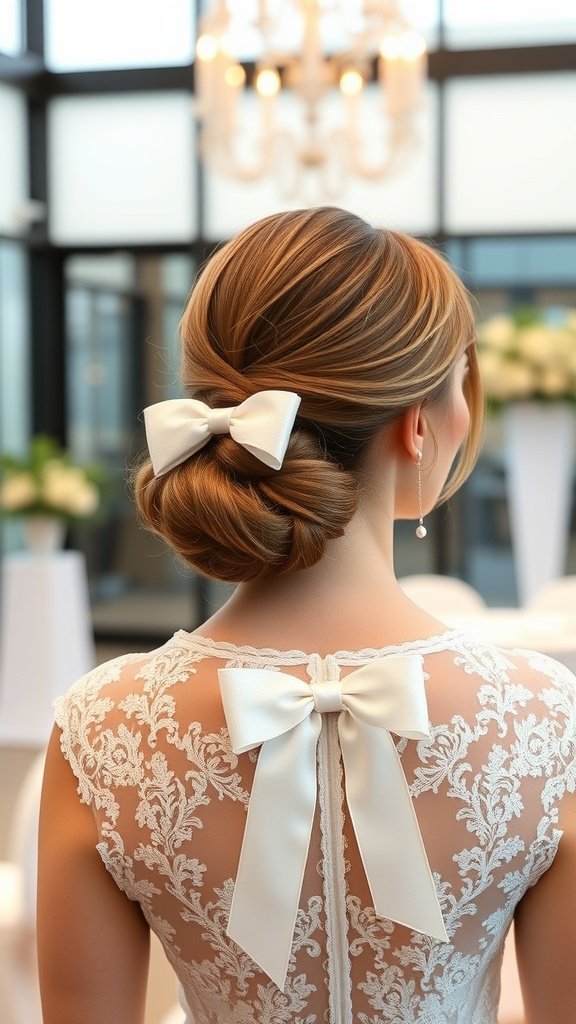 A bride with a sleek high ponytail adorned with a bow, showcasing a beautiful lace dress.
