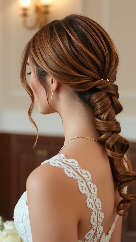 A bride with a sleek low ponytail featuring a twist and elegant accessories.