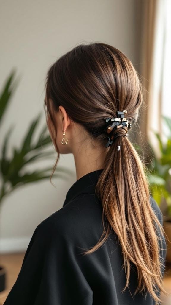 Sleek low ponytail adorned with boho clips