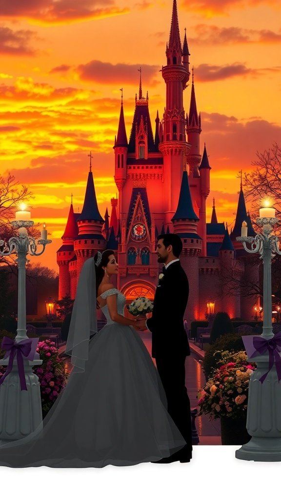 A couple standing in front of Sleeping Beauty Castle during sunset, creating a romantic wedding backdrop.
