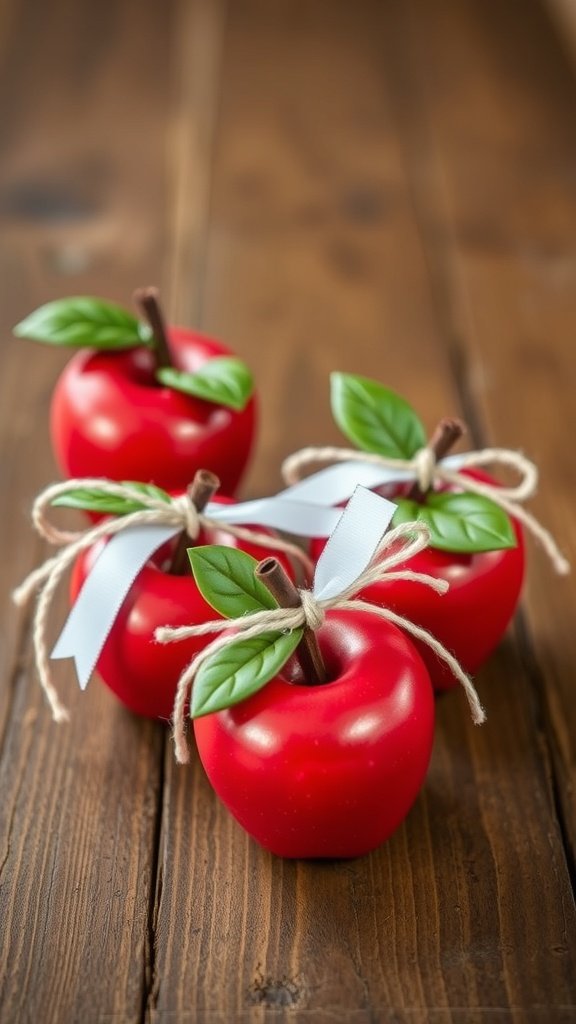 Red apple favors with green leaves and ribbons on a wooden table